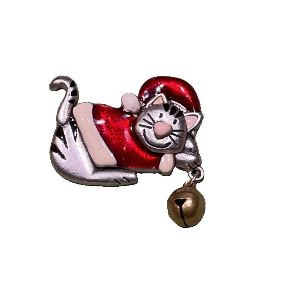 Vtg AJMC Christmas Cat Brooch Pewter Enamel Lounging Santa Kitty Pin Dangle Bell